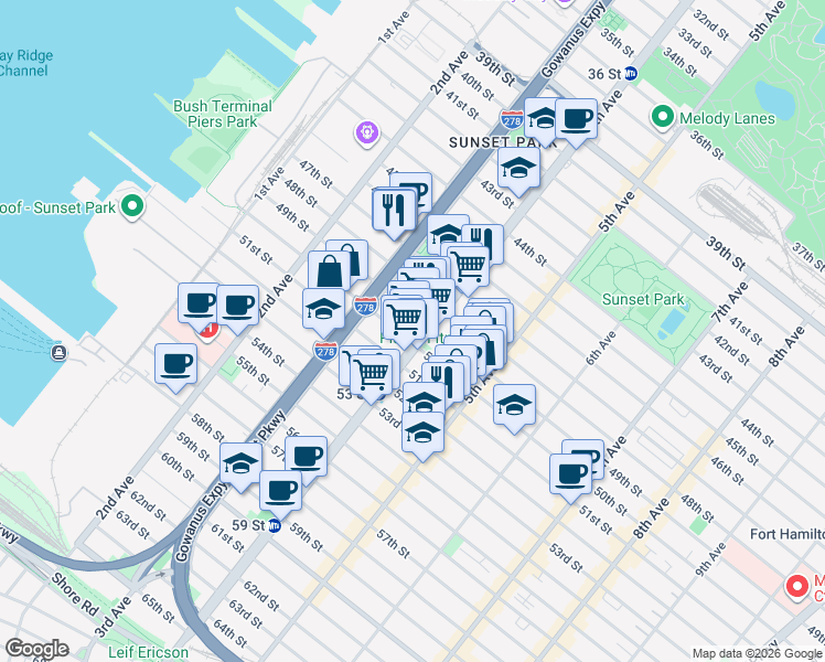 map of restaurants, bars, coffee shops, grocery stores, and more near in Brooklyn