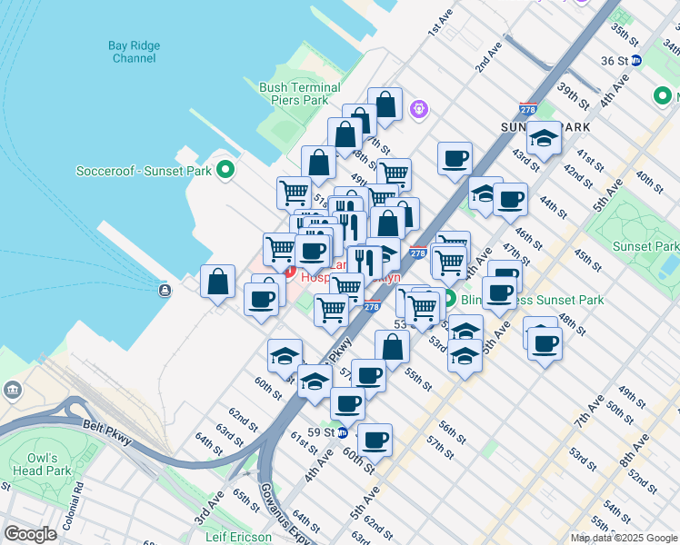 map of restaurants, bars, coffee shops, grocery stores, and more near 237 53rd Street in Brooklyn