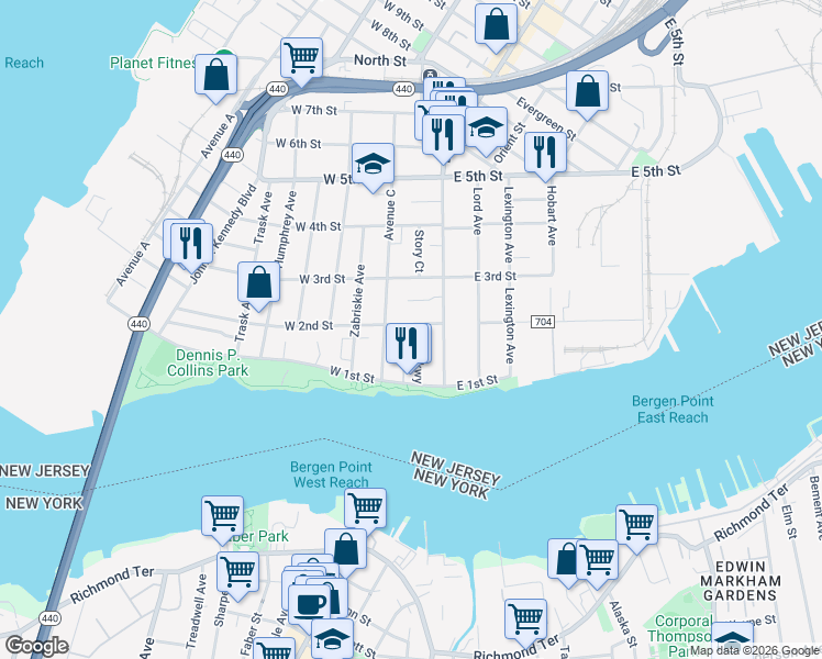 map of restaurants, bars, coffee shops, grocery stores, and more near 33 West 2nd Street in Bayonne