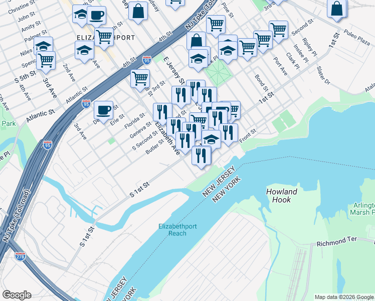 map of restaurants, bars, coffee shops, grocery stores, and more near 47 Marshall Street in Elizabeth