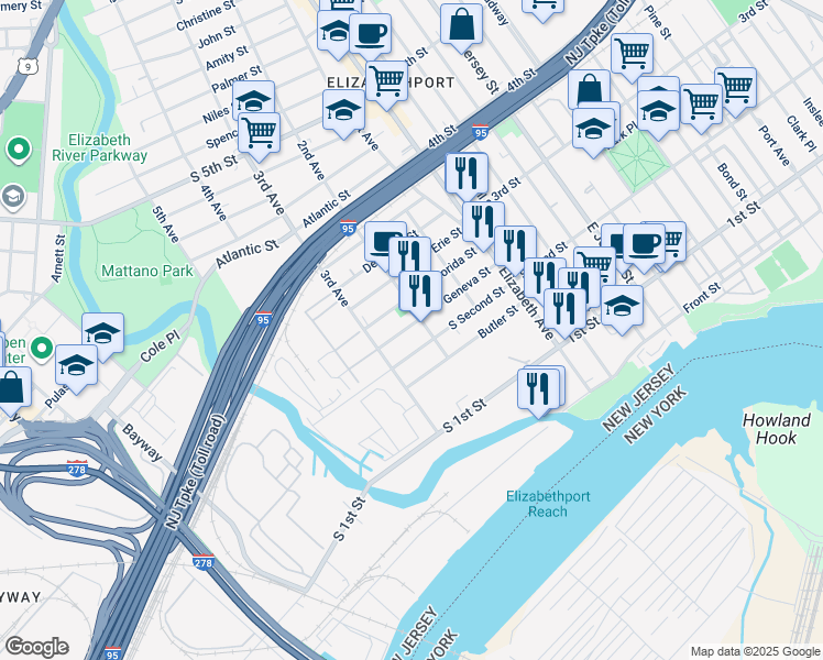 map of restaurants, bars, coffee shops, grocery stores, and more near 76 Geneva Street in Elizabeth