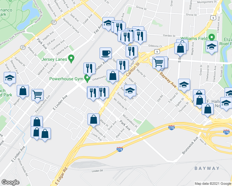 map of restaurants, bars, coffee shops, grocery stores, and more near 621 Dennis Place in Linden