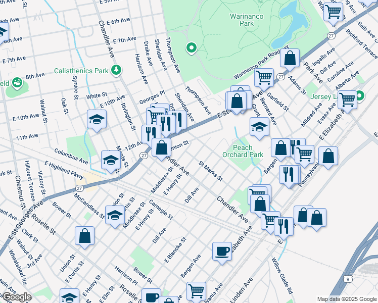 map of restaurants, bars, coffee shops, grocery stores, and more near 1304 Middlesex Street in Linden