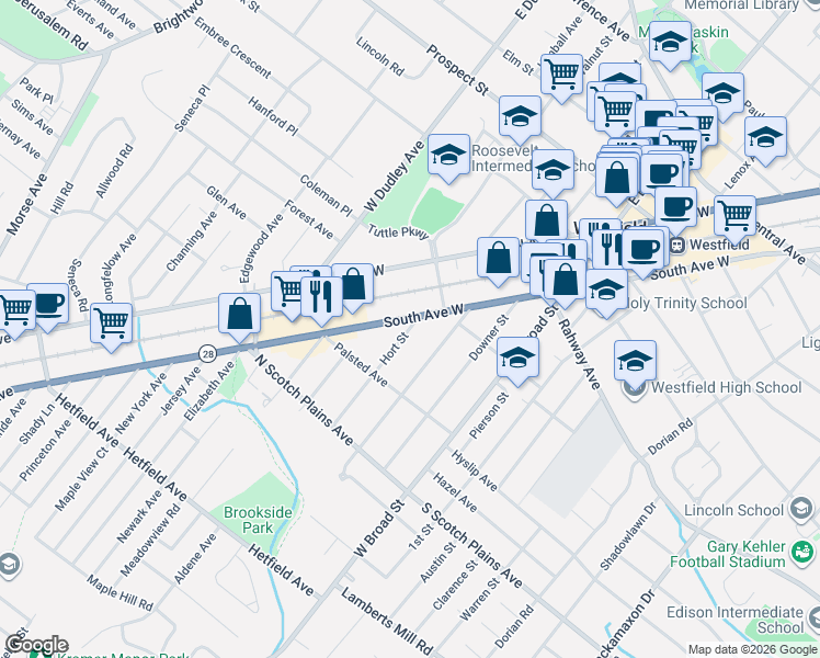 map of restaurants, bars, coffee shops, grocery stores, and more near 511 Hort Street in Westfield