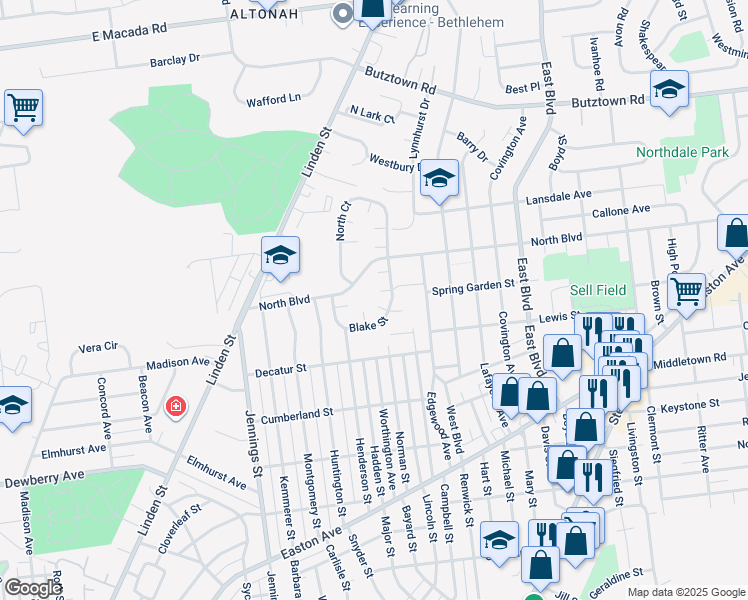 map of restaurants, bars, coffee shops, grocery stores, and more near 1026 North Boulevard in Bethlehem