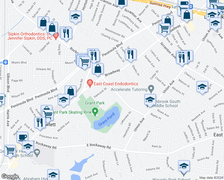 map of restaurants, bars, coffee shops, grocery stores, and more near 72 Prospect Avenue in Hewlett