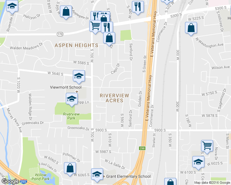 map of restaurants, bars, coffee shops, grocery stores, and more near 616 West 5735 South in Murray