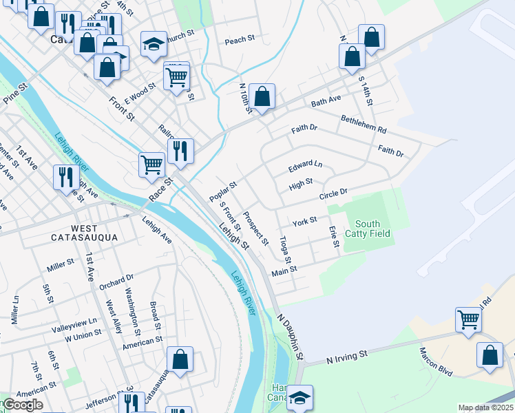 map of restaurants, bars, coffee shops, grocery stores, and more near 224 Circle Drive in Catasauqua