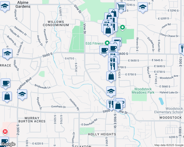 map of restaurants, bars, coffee shops, grocery stores, and more near 789 Vine Street in Murray