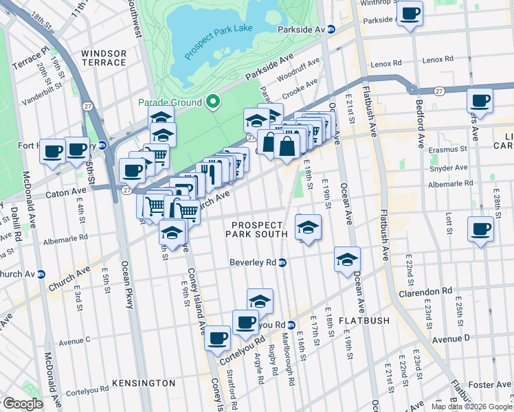map of restaurants, bars, coffee shops, grocery stores, and more near 108 Rugby Road in Brooklyn