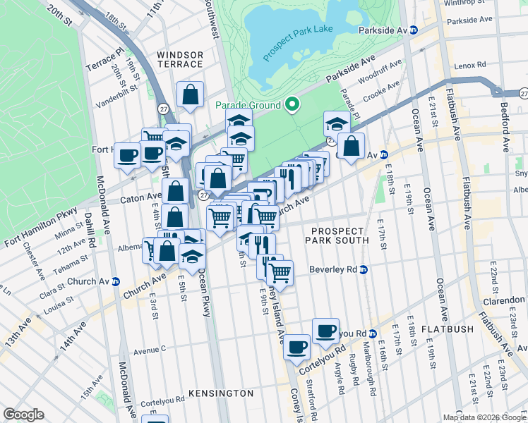 map of restaurants, bars, coffee shops, grocery stores, and more near 445 Coney Island Avenue in Brooklyn