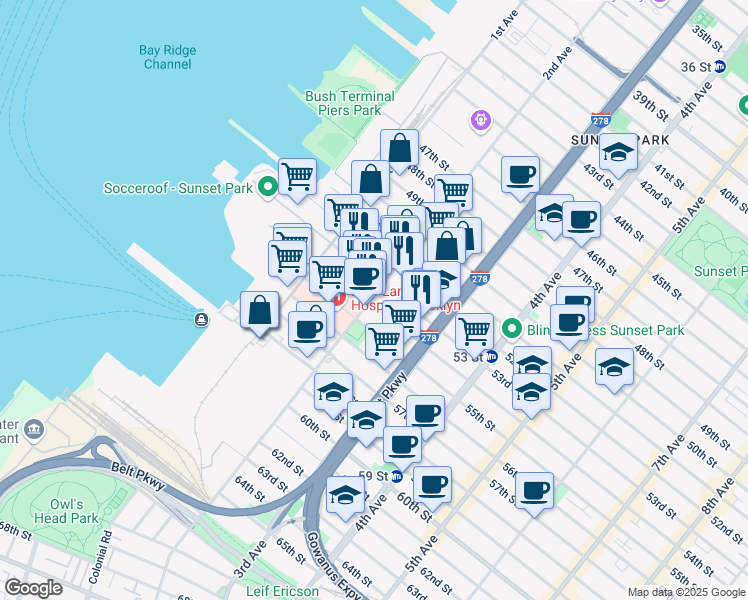 map of restaurants, bars, coffee shops, grocery stores, and more near 5323 2nd Avenue in Brooklyn