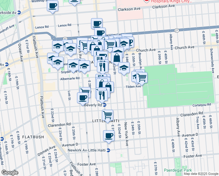 map of restaurants, bars, coffee shops, grocery stores, and more near East 31st Street & Tilden Avenue in Brooklyn