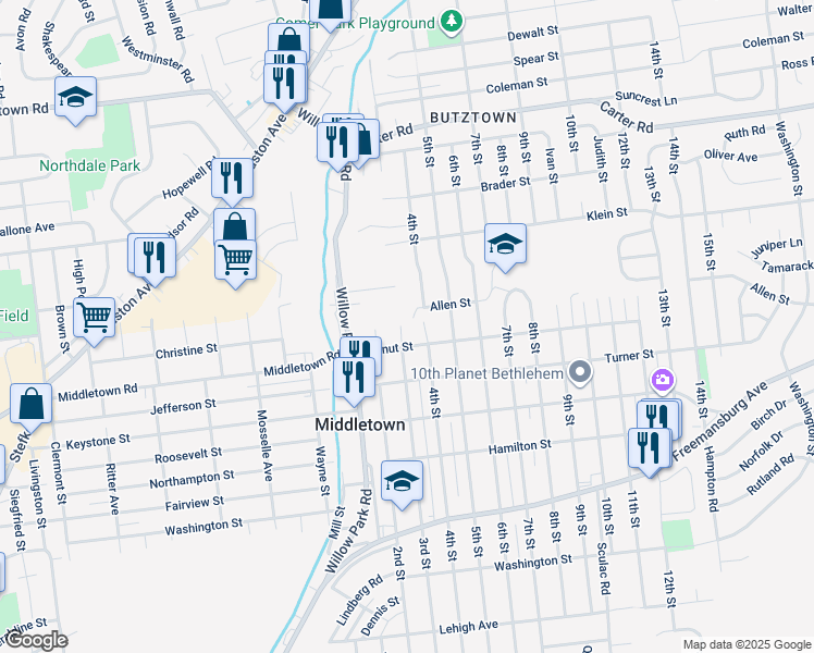 map of restaurants, bars, coffee shops, grocery stores, and more near 2120 3rd Street in Bethlehem