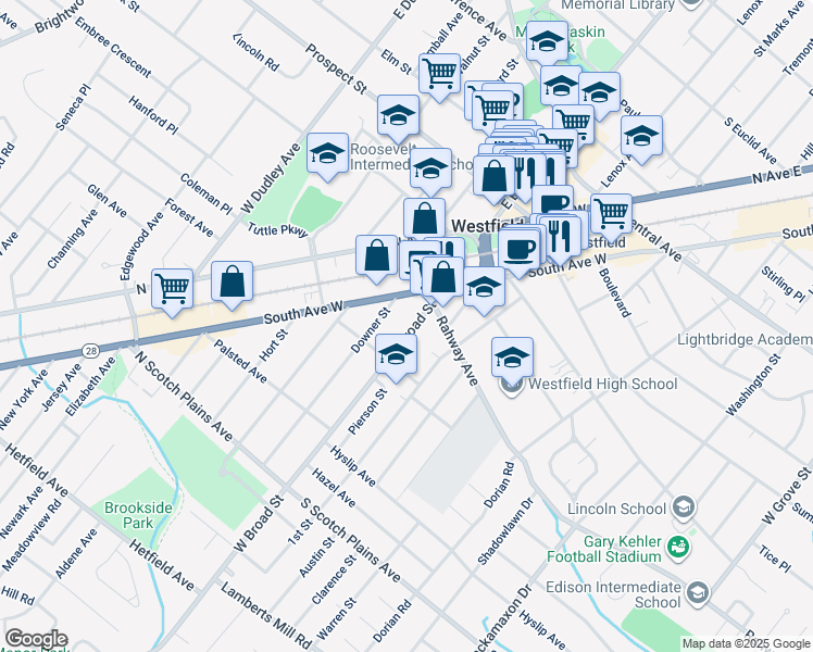 map of restaurants, bars, coffee shops, grocery stores, and more near 436 West Broad Street in Westfield