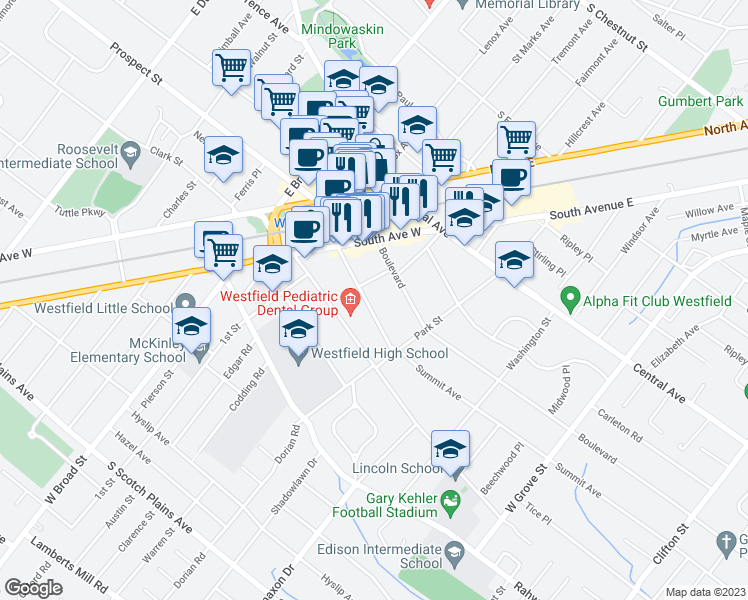 map of restaurants, bars, coffee shops, grocery stores, and more near 517 Summit Avenue in Westfield