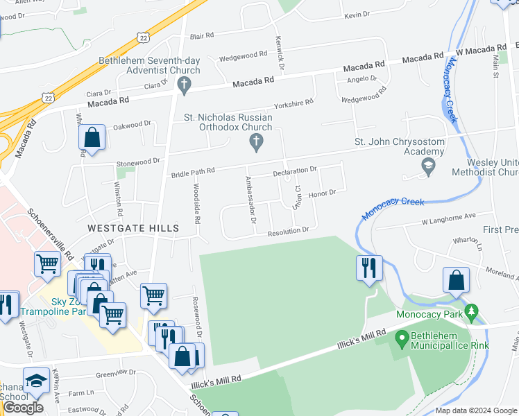 map of restaurants, bars, coffee shops, grocery stores, and more near 1109 Resolution Drive in Bethlehem