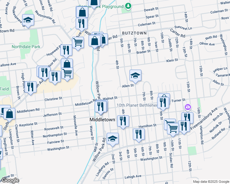 map of restaurants, bars, coffee shops, grocery stores, and more near 2120 3rd Street in Bethlehem