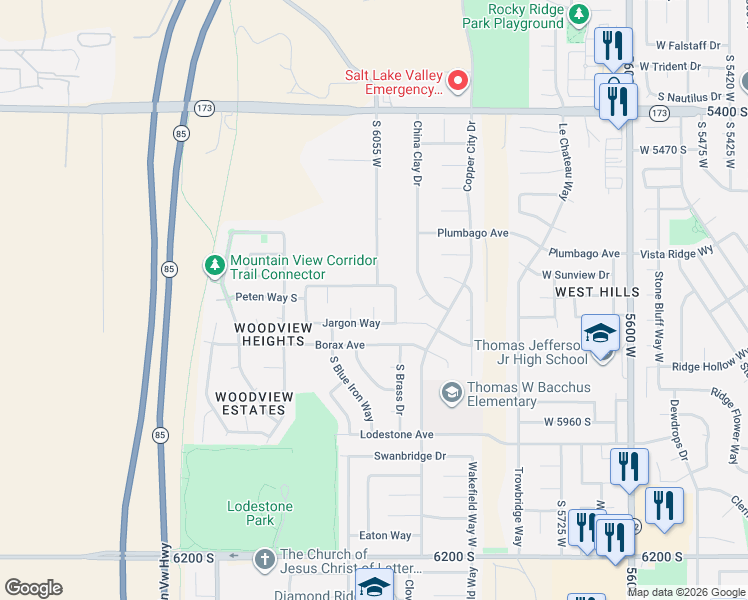 map of restaurants, bars, coffee shops, grocery stores, and more near 5743 South Mirador Court in Salt Lake City