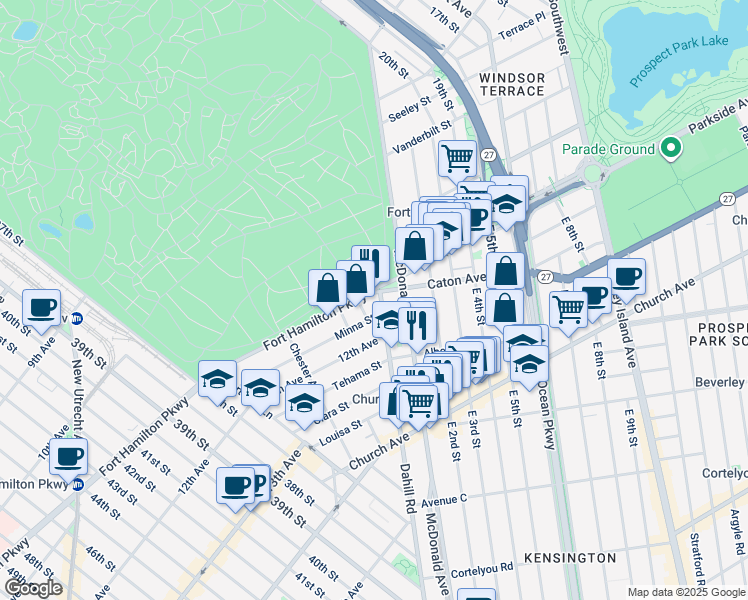 map of restaurants, bars, coffee shops, grocery stores, and more near 3301 Fort Hamilton Parkway in Brooklyn