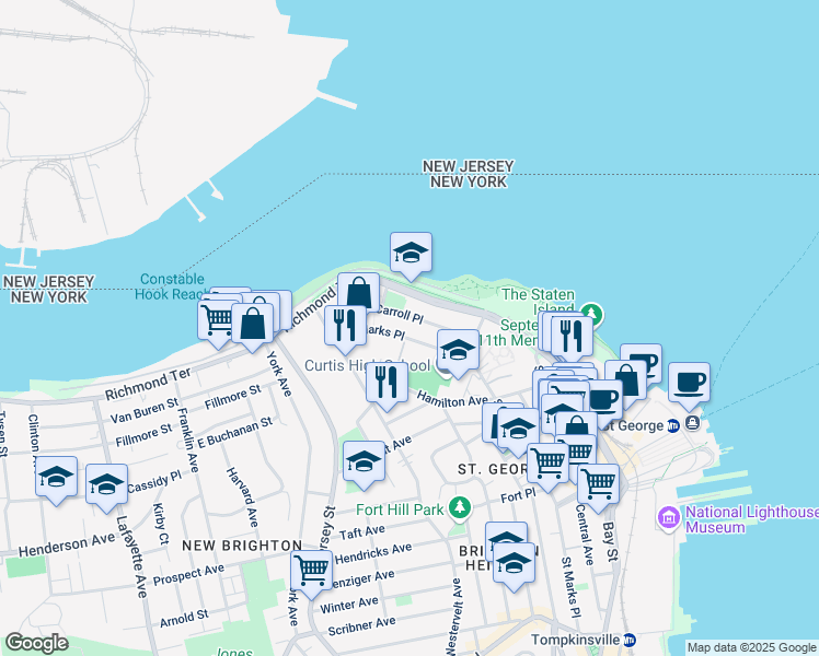 map of restaurants, bars, coffee shops, grocery stores, and more near 83 St Marks Pl in Staten Island