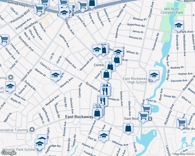 map of restaurants, bars, coffee shops, grocery stores, and more near 30 Grant Avenue in East Rockaway