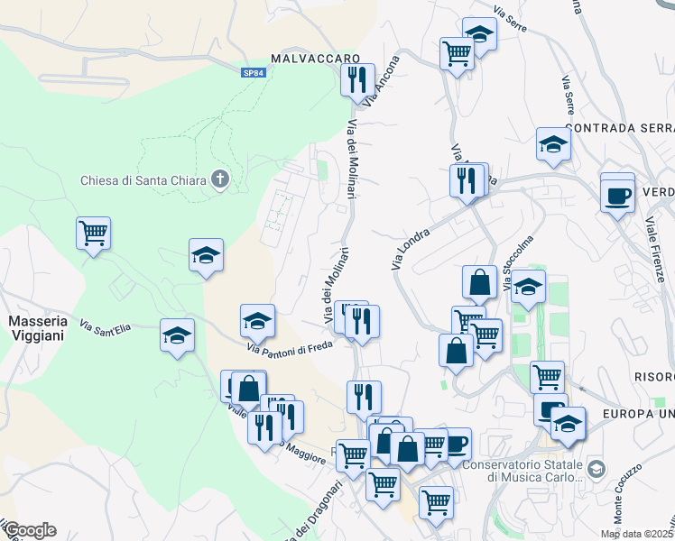 map of restaurants, bars, coffee shops, grocery stores, and more near Via dei Molinari in Potenza