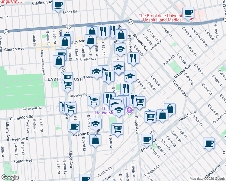 map of restaurants, bars, coffee shops, grocery stores, and more near 368 East 57th Street in Brooklyn