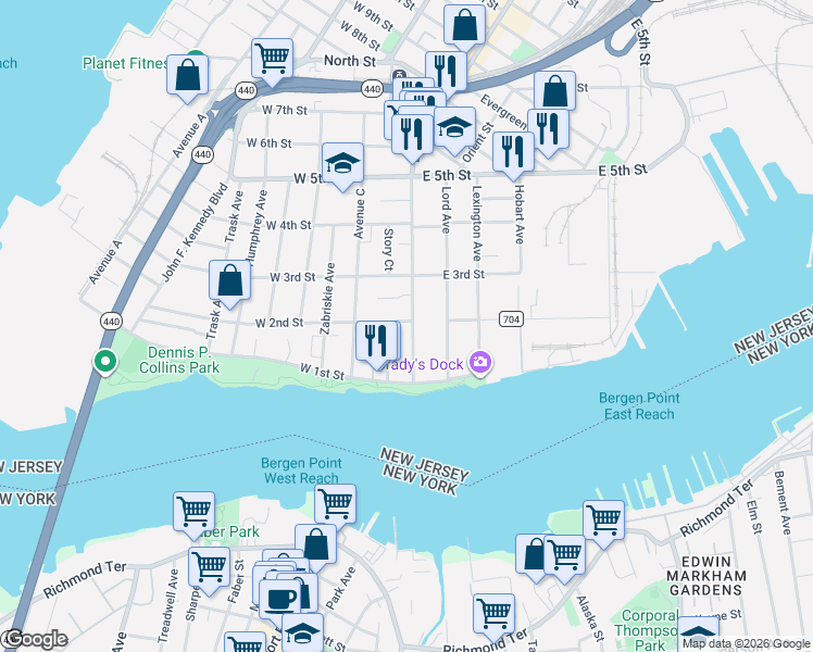 map of restaurants, bars, coffee shops, grocery stores, and more near 45 Broadway in Bayonne