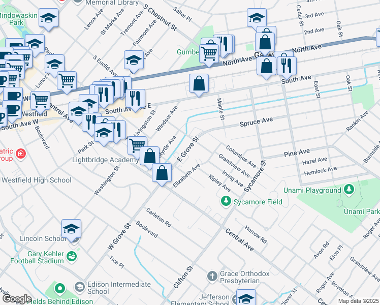 map of restaurants, bars, coffee shops, grocery stores, and more near 240 East Grove Street in Westfield
