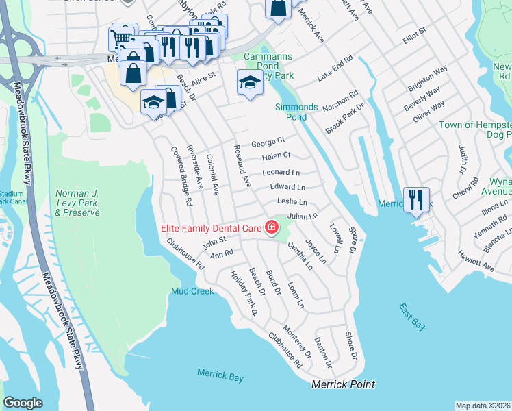 map of restaurants, bars, coffee shops, grocery stores, and more near 1864 Leslie Lane in Merrick