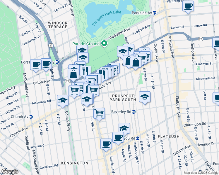 map of restaurants, bars, coffee shops, grocery stores, and more near 85 Westminster Road in Brooklyn
