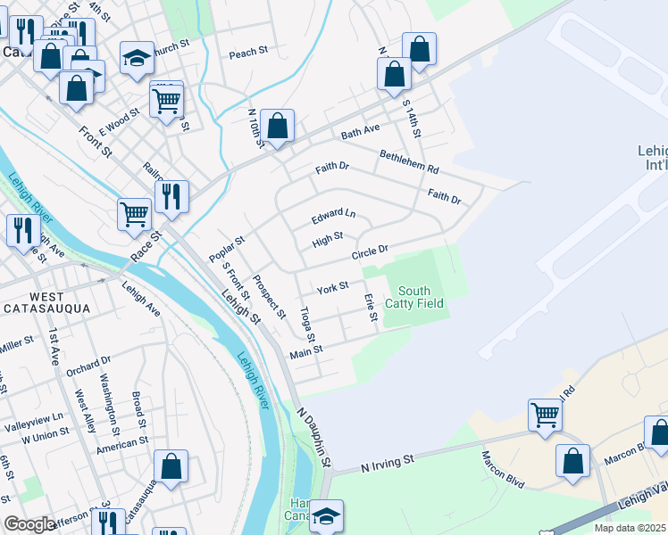 map of restaurants, bars, coffee shops, grocery stores, and more near 265 Circle Drive in Catasauqua