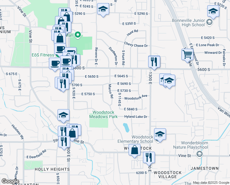 map of restaurants, bars, coffee shops, grocery stores, and more near 1110 East 5730 South in Murray