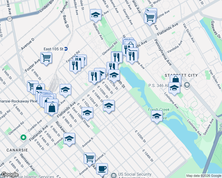 map of restaurants, bars, coffee shops, grocery stores, and more near 950 East 106th Street in Brooklyn