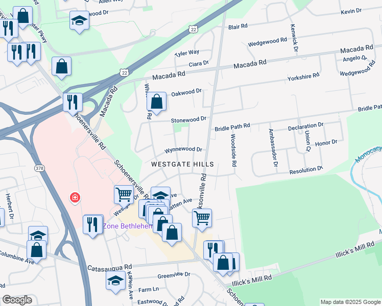 map of restaurants, bars, coffee shops, grocery stores, and more near 2645 Belaire Rd in Bethlehem