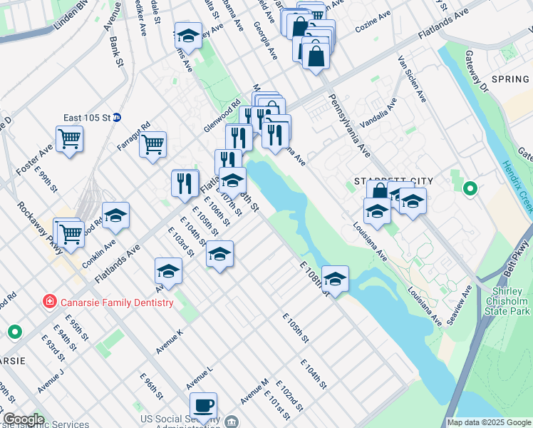 map of restaurants, bars, coffee shops, grocery stores, and more near 1031 East 108th Street in Brooklyn