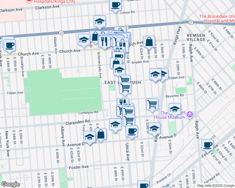 map of restaurants, bars, coffee shops, grocery stores, and more near 605 East 49th Street in Brooklyn