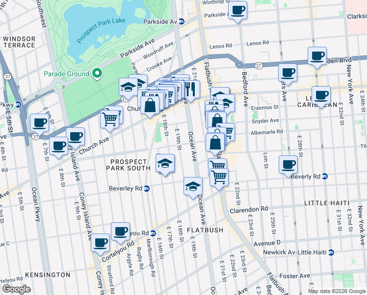 map of restaurants, bars, coffee shops, grocery stores, and more near 1800 Albemarle Road in Brooklyn