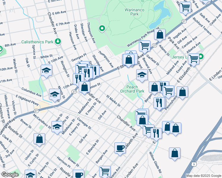 map of restaurants, bars, coffee shops, grocery stores, and more near 811 Cranford Avenue in Linden