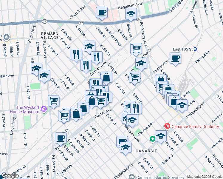 map of restaurants, bars, coffee shops, grocery stores, and more near 873 East 92nd Street in Brooklyn