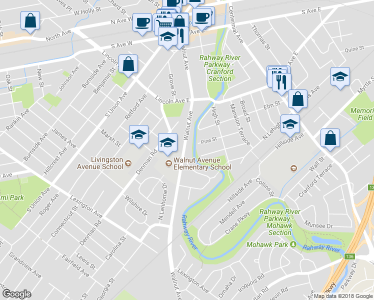 map of restaurants, bars, coffee shops, grocery stores, and more near 343 Walnut Avenue in Cranford