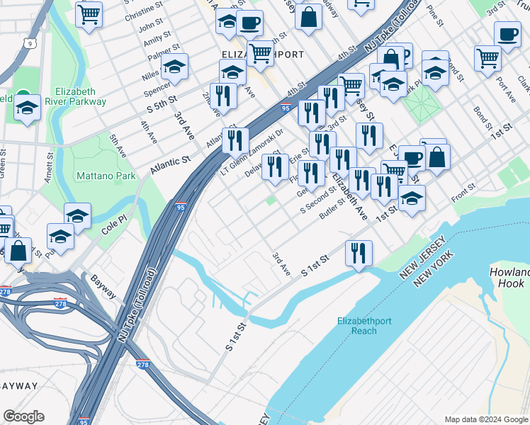 map of restaurants, bars, coffee shops, grocery stores, and more near 221 Geneva Street in Elizabeth