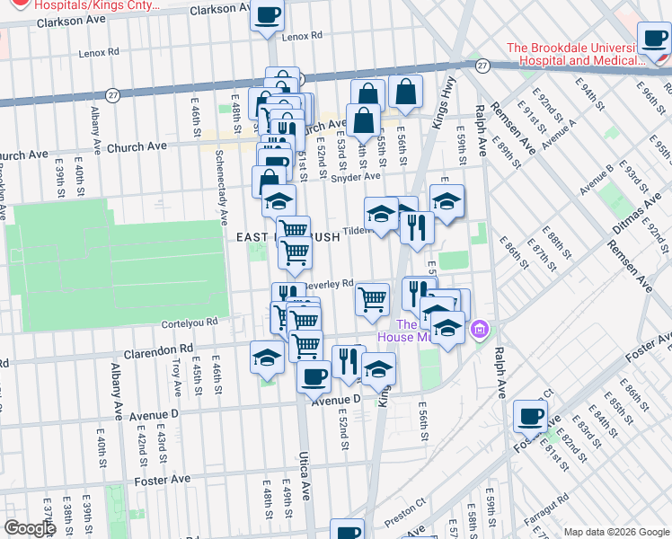map of restaurants, bars, coffee shops, grocery stores, and more near 557 East 52nd Street in Brooklyn