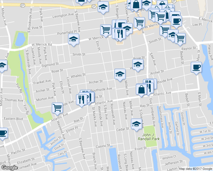 map of restaurants, bars, coffee shops, grocery stores, and more near 118 Roosevelt Avenue in Freeport