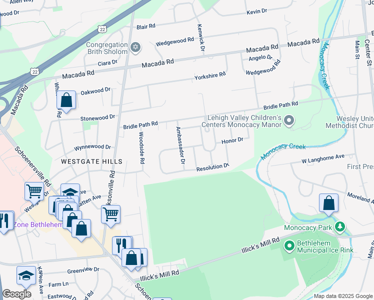map of restaurants, bars, coffee shops, grocery stores, and more near 1109 Resolution Drive in Bethlehem