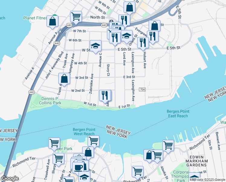 map of restaurants, bars, coffee shops, grocery stores, and more near 45 Broadway in Bayonne