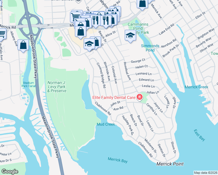 map of restaurants, bars, coffee shops, grocery stores, and more near 2803 Covered Bridge Road in Merrick