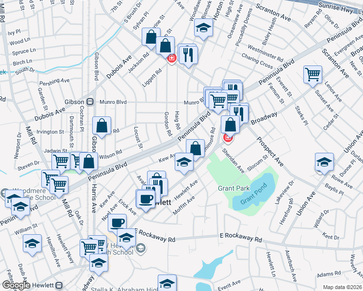 map of restaurants, bars, coffee shops, grocery stores, and more near 58 Stevenson Road in Hewlett