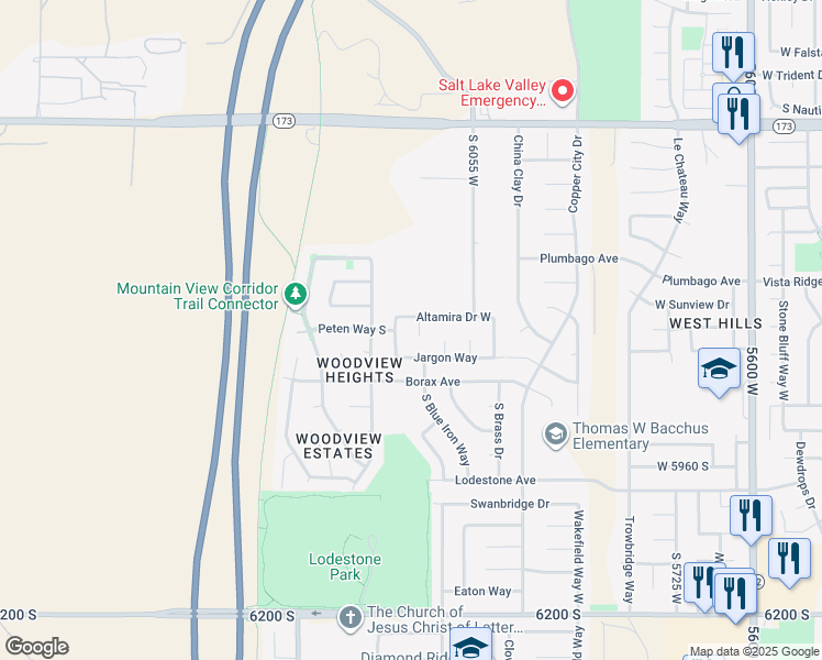 map of restaurants, bars, coffee shops, grocery stores, and more near 5734 Izapa Cove in West Valley City